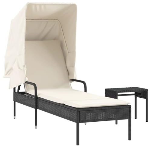 vidaXL Sonnenliege mit Dach Tisch, Gartenliege Verstellbare Rückenlehne, Sonnenbett für Außenbereich, Relaxliege Liege Gartenmöbel, Modern, Schwarz Poly Rattan