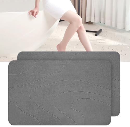 Tapis de Bain en Pierre–Ensemble de 2 pièces Tapis de Douche Super Absorbant en Terre de Diatomées, Tapis de Baignoire Antidérapant à Séchage Rapide (Gris foncé*2)