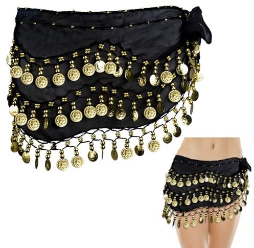 Bauchtanz Hüfttuch, Bauchtanz Kostüm Damen mit 128 Gold Münzen, Chiffon Tanztuch Bauchtanz Gürtel Rock, Yoga Belly Dance Costume
