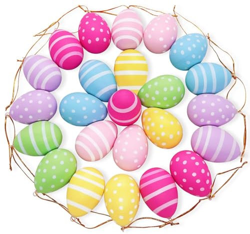Ctxtqtdt 24 STK Ostereier zum Aufhängen Draussen mit Band, Ostereier Plastik mit Punkten und Streifen für Ostern Dekoration, Größe: 6 cm, 5 Farbe - Rosa, Blau, Grün, Rosarot, Gelb