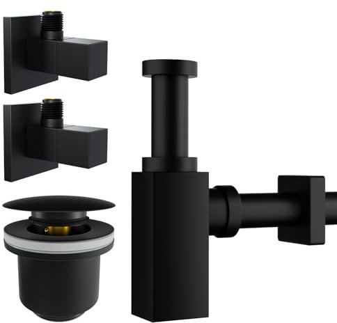 kör4u Design Set Siphon 1 1/4 Zoll x 32 mm, Pop-Up Ventil und 2x Eckventil, Ablaufventil mit Dichtungen, für Waschbecken (schwarz eckig)