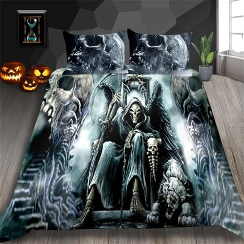 ZZTBQ Totenkopf Bettwäsche 155x220 3teilig Schädel Muster Gothic Kinderbettwäsche 1 Bettbezug 155x220 cm + 2 Kissenbezüge 80X80 cm, Schwarz Gothic Skulll Bettwäsche-Sets Polyester Mikrofaser