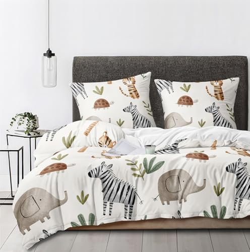 Boqingzhu Bettwäsche Tiere 135x200 cm Kinder - Bettwäsche-Sets Beige Zebra, Tiger, Elefanten, Schildkröten Bettbezug mit 1 Kissenbezug 80x80 cm, Bettwäsche Weich mit Süßem Tiermotiv