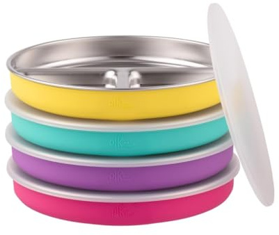 Elk and Friends Platos divididos de acero inoxidable para niños con fundas de silicona | Tapas incluidas | Apto para bebés y niños pequeños | Apto para lavavajillas | Vajilla antideslizante | Platos