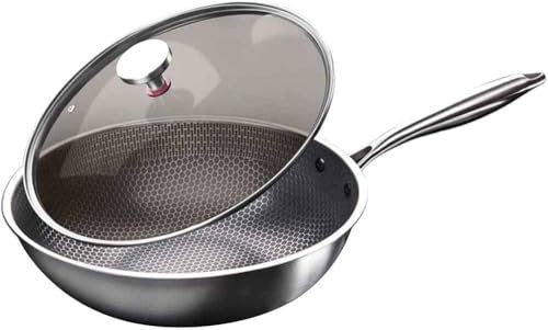 Edelstahl-Wok-Pfanne, vollständige Wabenkochpfannen, Pfannenpfanne mit Deckel, Edelstahl-Brandpfanne Wok Induktion Kochfeld Rühre Pfanne Wok für Induktionskochfeld Wok-Pot-Durchmesser: 32 cm (32 cm)