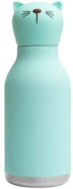 asobu Bestie Gourde isolée en acier inoxydable avec tête d'animal souple amovible pour enfants et adolescents avec paille flexible réutilisable (chat)