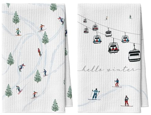 Artoid Mode Bäume Skiläufer Seilbahn Weihnachten Bar Küchentücher Geschirrtücher, 42x65 cm Mikrofaser Saugfähig Küchen Reinigung Deko 2er Set