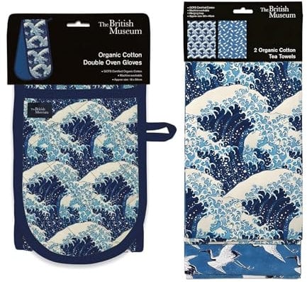Museums & Galleries Double Oven Glove and Tea Towel Set - Organic Cotton - 'The Great Wave' - Artistic Japanese Design - Stylish Kitchenware