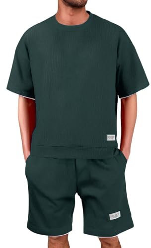 Generisch Sommer Waffle Jogginganzug Herren Trainingsanzug - 2 Teiler Herren Outfit Zweiteiler Fitness Kleidung Kurz Freizeitanzug Hemd Und Shorts Set Sportanzug Sportanzug Sommeranzug Y2K Tracksuit