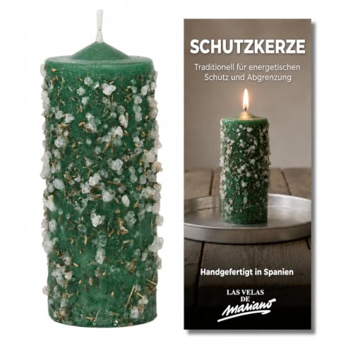 Schutzkerze mit Salz und Harzen für präventiven allgemeinen Schutz – energetische Abgrenzung im Alltag – grün, 5,5 x 14 cm – handgefertigt – Las Velas de Mariano