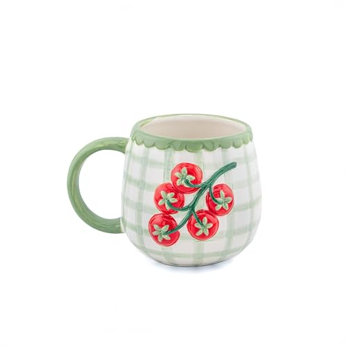 Sass & Belle Handpainted Tomato Mug - Gingham Ceramic Coffee and Tea Cup – Unique Gift for Mum, Novelty Mugs for Him or Her, Home Kitchen Tableware, Quirky Collectible