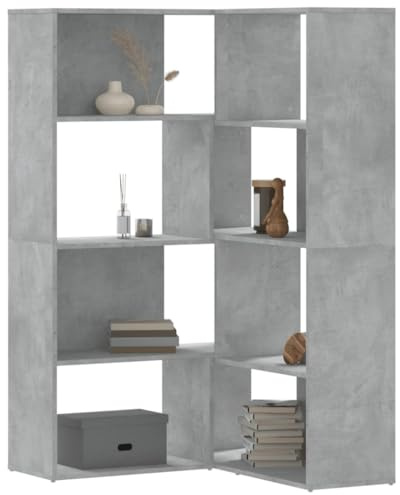 Mandloder Eck-Bücherregal Betongrau, 85x85x140 cm, Holzwerkstoff, 4 Böden, vielseitiger Bücherregal Eckschrank für Wohnzimmer, Schlafzimmer, Büro