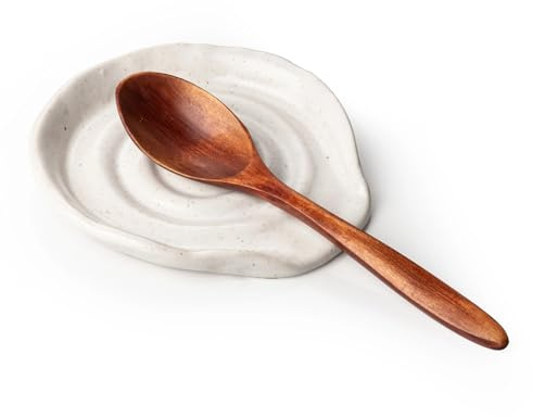 Besmeety Repose-cuillère en céramique pour dessus de cuisinière, support de cuillère pour comptoir de cuisine, repose-spatule, porte-ustensiles de ferme (blanc moucheté)