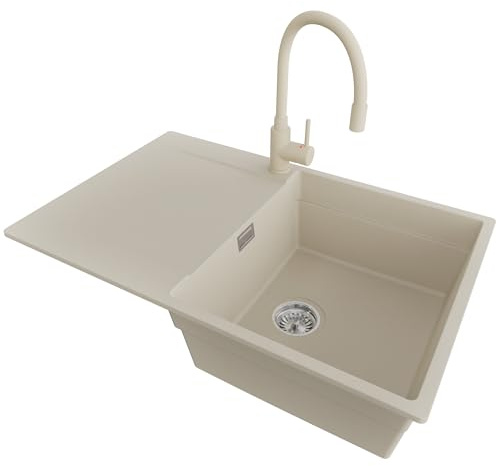 PRIMAGRAN Granitspüle ab 50er Unterschrank + Küchenarmatur, 78x50cm | Set: Küchenarmatur BW6020 + Ablauf-Set (Siphon, Ablaufgarnitur, Überlauf) + Spülbecken 1 Becken - San Francisco Level, Beige