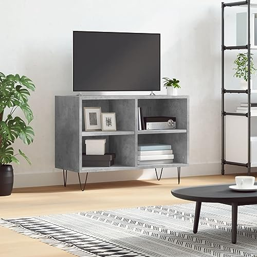 JHQHSM Meuble TV gris béton, 69,5 x 30 x 50 cm, en matériau dérivé du bois, avec 4 compartiments et pieds en fer, espace de rangement robuste pour salon et chambre à coucher, plateau de table stable