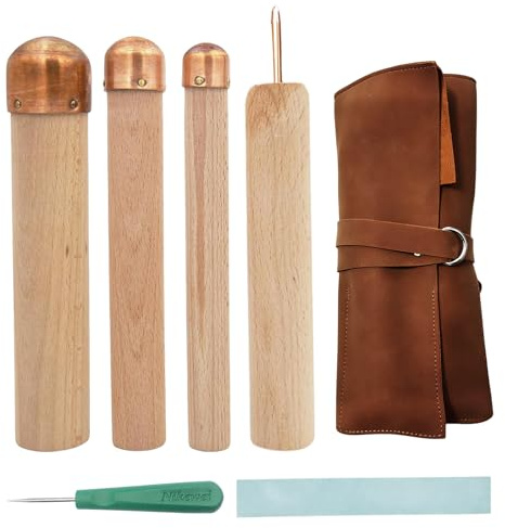 Flint Knapping Kit 3 Copper Boppers & 2 Pressure Flakers, Professional Flint Knapping and Stone Crafting Tools Set Includes PU Leather Case for Beginners and Pros