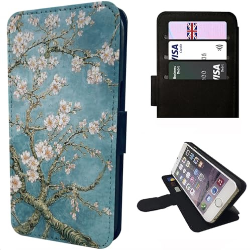 Almond Blossom Wallet Phone Case – Floral Faux Leather Flip Cover with Card Slots – Compatible with iPhone SE, 7, 8, X, XR, 11, 12, 13, 14, 15, 16, 16E, 17 (Plus, Mini, Pro, Max Models) Japanese Trees