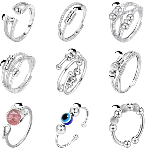 9 Stück Anti Stress Ring Antistress Ring Antistressring Einstellbare öffnung Stapelbar Edelstahl Hypoallergen Unisex Hilft Dabei Stress Und ängste Abzubauen Perlenbesetzt Verschiedene Stile（Silber）