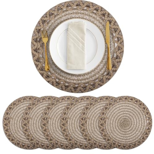 fanquare Tovaglietta Rotonde in Iuta e PVC Intrecciate Marrone Set da 6,38cm Tovaglietta da Tavola Resistenti al Calore Antiscivolo per Cucina Sala da Pranzo Arredamento Casa