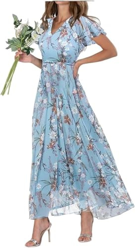 Barley Direct Women's Chiffon Floral Maxi Dress - Summer Elegant Boho Long Flowy Dresses Ruffle Sleeves V Neck Vacation Beach Outfit Wedding Guest Engagement Cocktail Party
