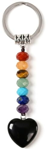 Chakra Schlüsselanhänger mit Herz Anhänger und bunten Naturstein Perlen, Spiritueller Glücksbringer inklusive Seven Chakra Karte für Damen und Herren, Schwarz & Mehrfarbig