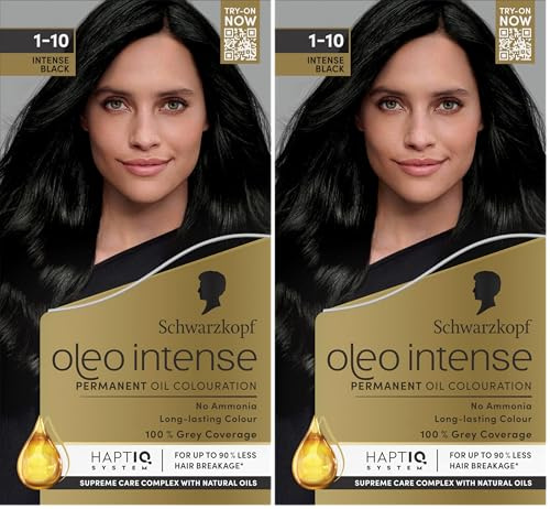 Schwarzkopf Oleo Intense Permanent Oil Colour 1-10 Intense Black Hair Dye, 100% Grey Coverage, Conditioner with HaptIQ System, Long-Lasting Colour, Ammonia Free Hair Dye (Pack of 2)