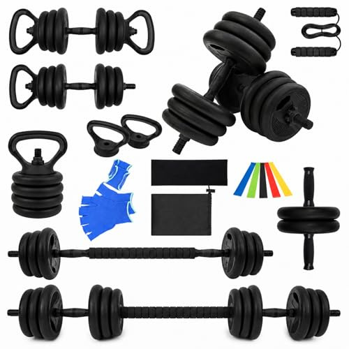 ARATERVIO 6-in-1 Multifunktions-Hantelset 20KG – Verstellbare Kurzhantel & Langhantel mit Kettlebell, Liegestützgriffen, Springseil & Bauchtrainer, Fitness Set