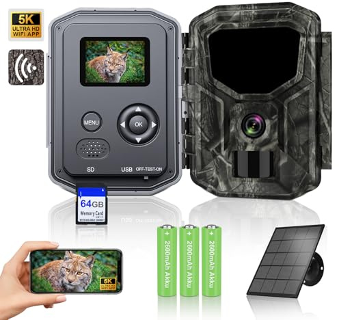 5K Wildlife Camera, Infrared Trail Camera with 64G SD Card，64MP Full HD, Built-In 7800mAh Rechargeable Battery Wildlife Camera With Night Vision Motion Activated ,Mobile Phone Transmission App,IP66