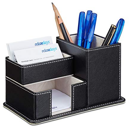 Relaxdays Kunstleder, Schreibtisch Organizer für Stifte, Notizzettel und Büroartikel, Stiftebox, schwarz Stiftehalter, PU-Leder, 10 x 18 x 12 cm