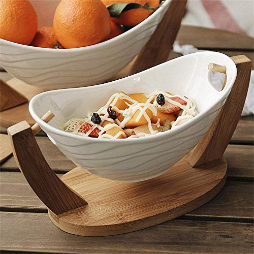AILZNN Créatif Bol De Fruits avec Support en Bambou, Berceau Saladier Bol à Collation Aux Fruits Vaisselle en Céramique Blanc,White-27cm(10.6inch)