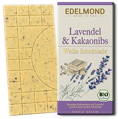 Edelmond Bio Weiße Schokolade mit Lavendel & Kakaobohnensplittern – Handgemachte Köstlichkeit aus der Manufaktur (1 Tafel, 75g)