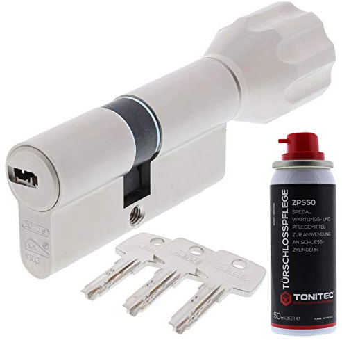 ToniTec Set aus ABUS Zylinderschloss als Knaufzylinder mit Knauf ECK550 mit 3 Schlüssel Größe 28 34K mm + ToniTec Pflegespray