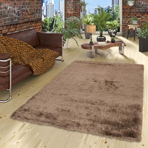 Pergamon Hochflor Langflor Shaggy Teppich Glow Braun mit Schimmer Effekt in 5 Größen