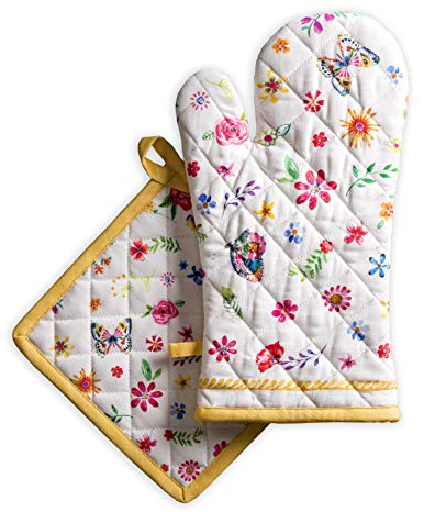 Maison d' Ermine Happy Florals - Sweety Ensemble de Gants de Cuisine (19 cm x 33 cm) et de maniques (20 cm x 20 cm), 100% Coton, pour Barbecue, pâtisserie, Four, Micro-Ondes, grillades, Printemps/été