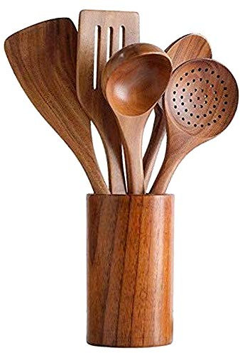 rismart 8 Piezas Madera Utensilios Cocina Salud Antiadherente Natural Madera Espátula, Cuchara, Colador y Tenedor Ensalada Cocinando Set, 5 Piezas & Cubeta