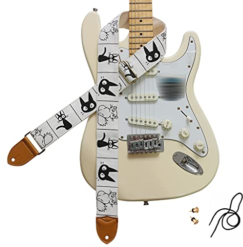 MUSIC FIRST Originelles Design, 5 cm breit, niedlicher Comic Cat Gitarrengurt aus weichem Baumwollleinen und echtem Leder (Comic Cat)