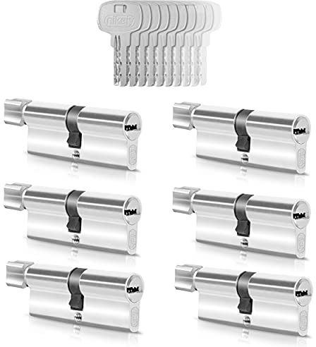 GERCAR Lot de 6 cylindres à bouton, à fermeture identique, cylindres de serrure 40/40 mm, avec 30 clés, pour serrure de porte, avec fonction d’urgence et de danger, longueur : 80 mm, A : 40, B : 40