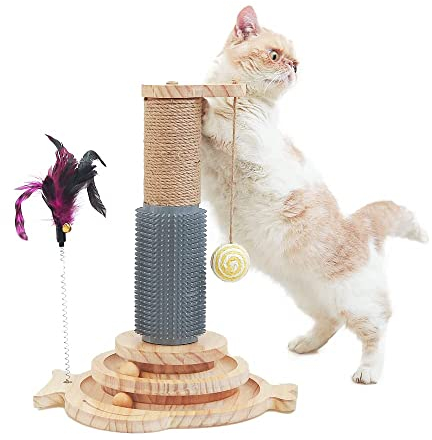 Marchul Juguetes para Gato,Rascador de Sisal para Gato con Pelota Colgante,Pelota de Juguete Interactiva para con Pluma Muelle,Rascador Masajeador para Jugar en Interiores (Peces de Madera)