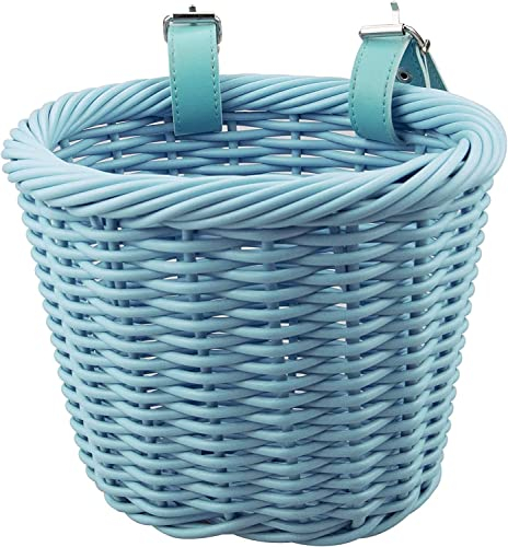 ZUKKA Woven Fahrradkorb Kinder Vorne Lenkerkorb Kinder Fahrradkörbchen Geflochten für Mädchen und Kinder mit Lederriemen, Dekorativ, Abnehmbar (Blau)
