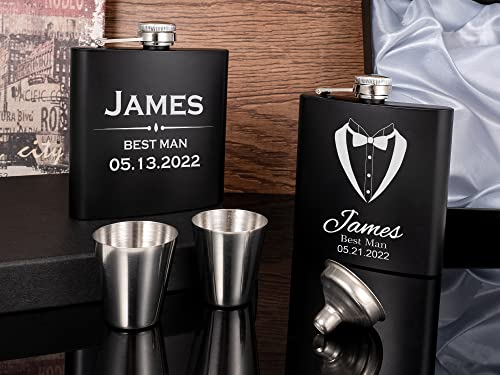 Flachmann aus Edelstahl, mit Trichter, personalisiertes Hochzeitsgeschenk für Trauzeugen/Trauzeugen, Vatertags-Geburtstagsgeschenk für Mann, Vater, Braut, Bräutigam, Schwarz