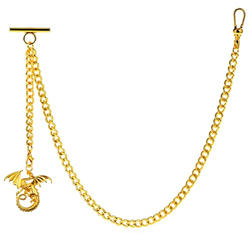 ZTA Albert Kette Golden Taschenuhr Kette Weste Kette für Männer FOB T BAR mit Schwenkverschluss mit Altes Drachendesign Anhänger FOB Charme
