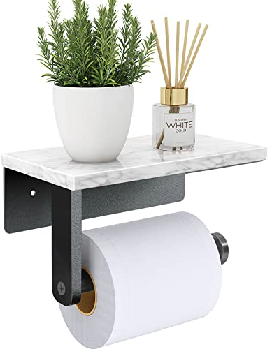 Toilet Roll Holder Wall Mounted, Gypie 304 Stainless Steel Toilet Paper Holder with Marble Shelf, Rustproof Matt Black Tissue holder for Bathroom