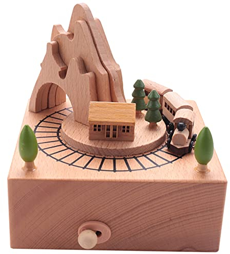 Spieluhr aus mit Bergtunnel mit kleinen, beweglichen magnetischen Zugspielen