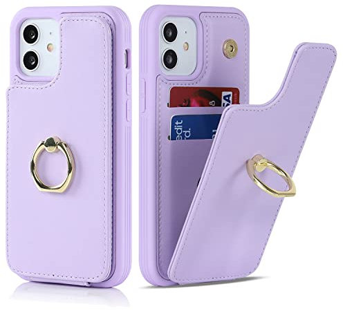 Cavor iPhone 12/12 Pro Case With Card Holder,iPhone 12/12 Pro Phone Case,Flip Folio Leather Wallet Case,Magnetic Ring Kickstand Shockproof Cover Case for iPhone 12/12 Pro - Purple