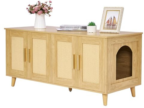 Homhedy Boho Katzentoilette für 2 Katzen, Holz-Katzen-Waschraum-Möbel mit doppelten Rattan-Dekor-Türen, Haustierhaus, 120 cm L x 50 cm B x 55 cm H, Natur