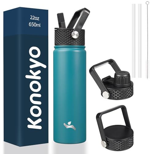 Konokyo Borraccia termica con cannuccia, 623,7 g, 3 coperchi in metallo, in acciaio inox, colore azzurro