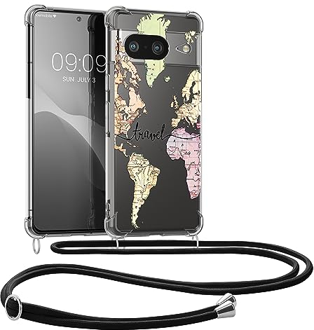 kwmobile Necklace Case kompatibel mit Google Pixel 8 Hülle - Silikon Cover mit Handykette - Schwarz Mehrfarbig Transparent Travel Schriftzug
