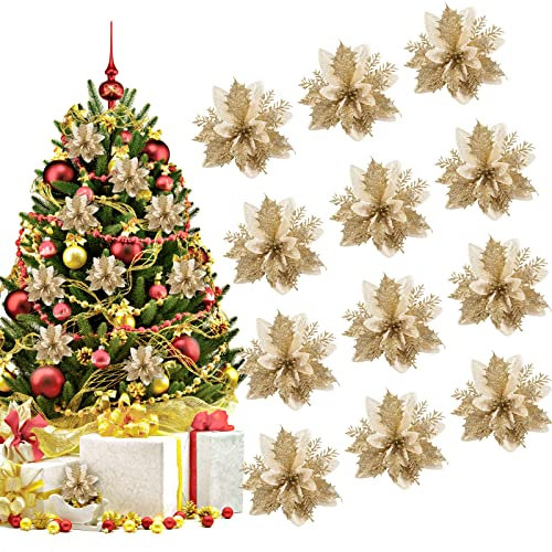 Bekecidi 12 Pezzi 14cm Fiore di Natale, Fiore di Simulazione Fiori Artificiali Accessori per la Decorazione dell'Albero di Natale, Ornamento per l'Albero di Natale Forniture per la casa (Gold)