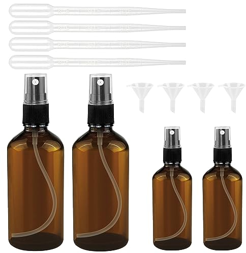 Nutabevr 4 pièce Vaporisateur Spray Vide Verre Ambre, Vaporisateur Flacon avec Entonnoir et Goutteurs, PulvéRisation à Brume Fine Rechargeables De Voyage, pour Cosmétiques et Huiles Essentielles