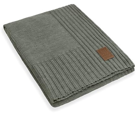 KNIT FACTORY - Uni Gestrickte Decke - Wohndecke - Kuscheldecke - Gestrickte Sofadecke - Plaid aus Wolle - Wolldecke - Urban Green - 160x130 cm